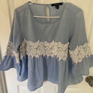 Forever 21 Blue and White Lace Trim Top